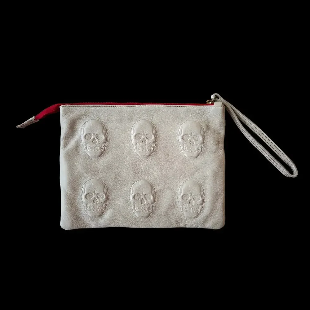 Goth Skull Embossed Leather Wristlet Creamy Gray Italy Made Alternative Edgy